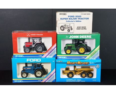 Five boxed ERTL diecast model tractors and commercials to include Ford 5000 Super Major Tractor Collectors Edition, Mighty Mo