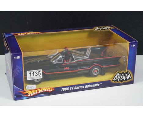 Boxed 1/18 Mattel Hot Wheels 1966 TV Series Batmobile Foundation Edition diecast model with Adam West (Batman) and Burt Ward 