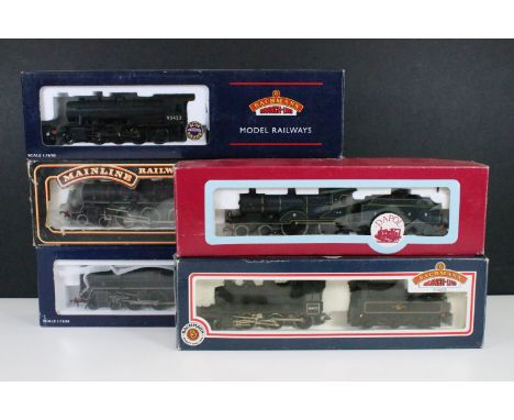 Five boxed OO gauge locomotives to include 3 x Bachmann (32-258 WD Austerity BR black emblem, 32-501 Standard Class 5MT 73158