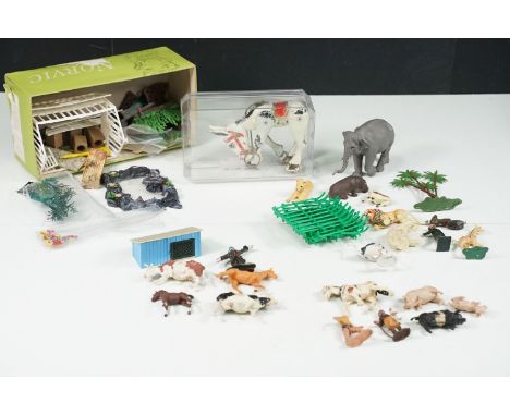 Quantity of plastic farming figures and accessories to include Britains Floral Garden (Greenhouse, flowers, pond, etc), Brita