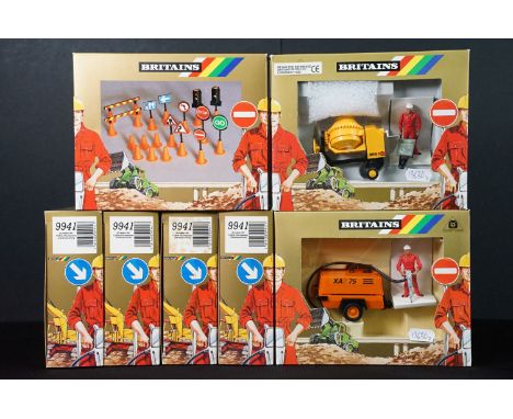 Seven boxed Britains Autoway Road Series diecast model sets to include 5 x 9941 Accessory Set, 9940 'Atlas Copco' Compressor 