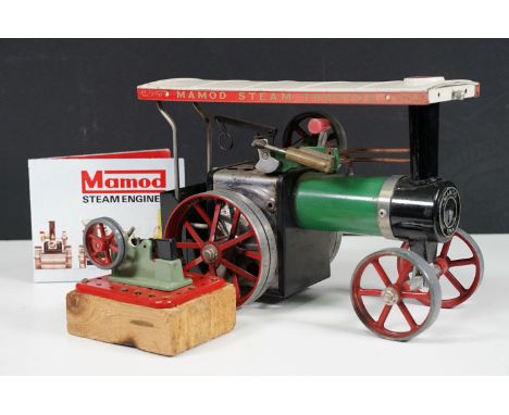 Steam Engine - Mamod TE1A Steam Tractor Steam Engine, in main body green with red spoked wheels, complete with coal bucket an
