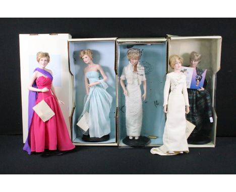 Four boxed Franklin Mint Diana Princess Of Wales Porcelain Portrait Dolls, together with 1 x unboxed example, all in original