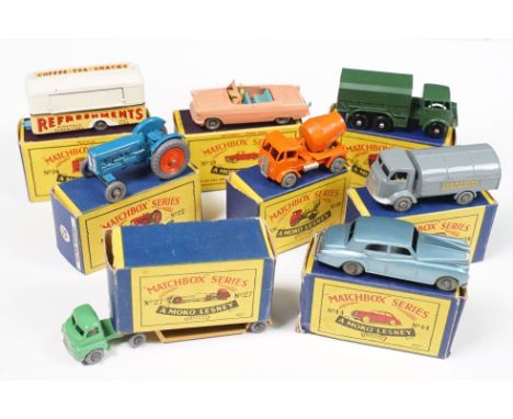 Eight boxed Matchbox Moko Lesney Series diecast models to include 62 General Service Lorry, 72 Fordson Tractor, 38 Karrier Re