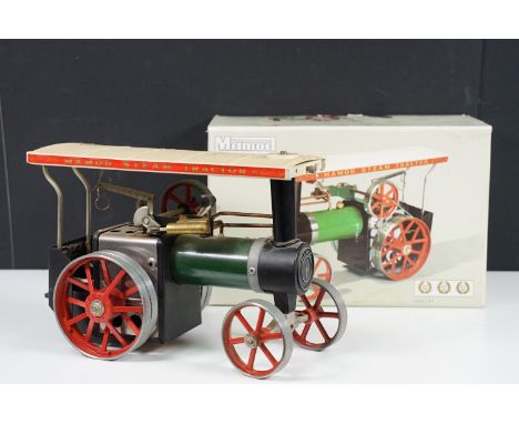 Steam Engine - Boxed Mamod TE1A Steam Tractor Steam Engine, in main body green with red spoked wheels, turning spoke, funnel,