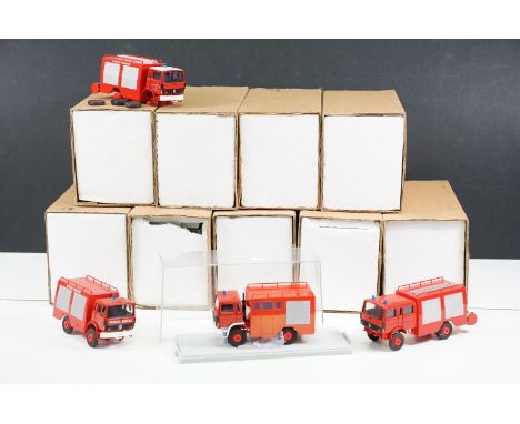 Nine boxed / cased Replex Fire Engine diecast models to include Ref. 887 Military, Ref. 195, 2 x Ref. 147 ET, Ref. 163, Ref. 