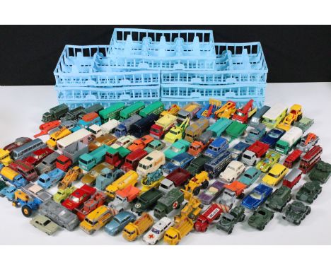 Over 100 Mid 20th C play worn diecast models, mainly Matchbox 75 Series to include 39 Pontiac Convertible, 27 Cadillac, 1 Ton