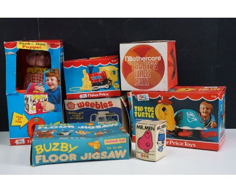 Quantity of boxed toys to include 3 x Fisher Price (643 Toot-Toot, 773 Tip-Toe Turtle and Jack In The Box Puppet), Airfix Wee