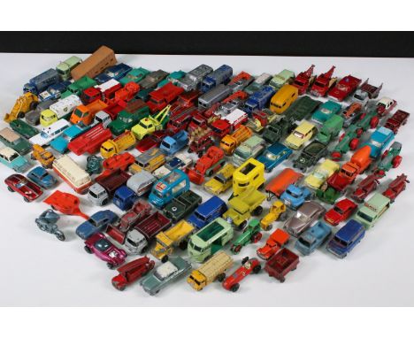 Over 100 Mid 20th C play worn diecast models, mainly Matchbox 75 Series to include 25 BP Petrol Tanker, 47 Ice Cream Containe