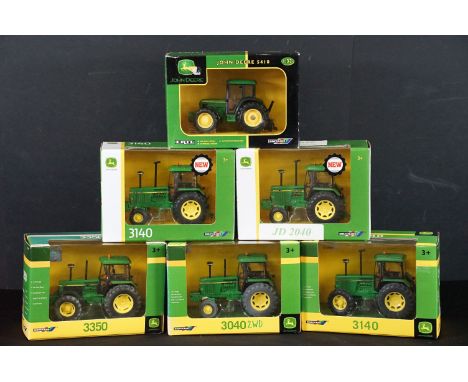 Six boxed Britains John Deere tractor diecast models to include 3140 JD 2040, John Deere 5410, 3350 John Deere Tractor, 2 x 3