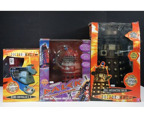 Three boxed Doctor Who models to include Product Enterprise Classic Dalek Radio Command with red and black body, Character Ra