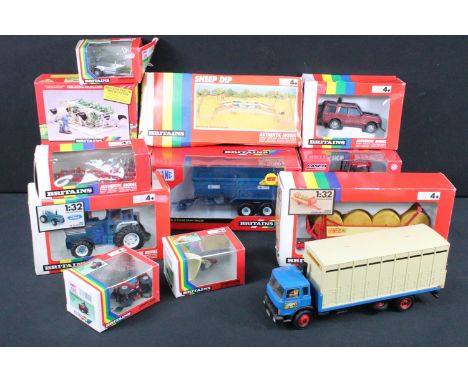 12 Boxed Britains farming diecast models to include 9432 Four Trax 300 4x4 High Sided Trailer And Animals, 9508 Ford TW 25 Tr