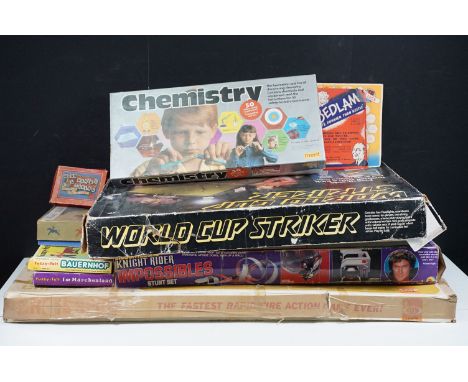 Collection of toys and games to include Ideal Crossfire, LJN Rough Riders Knight Rider Impossibles Stunt Set, Parker World Cu