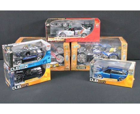 Six boxed Jada Toys 1/10 and 1/24 diecast models to include 3 x Dub City (2 x 2002 Cadillac Escalade and Chrysler Town &amp; 