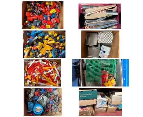Very large collection of Scalextric accessories to include trackside buildings, track parts, controllers, empty slot car boxe