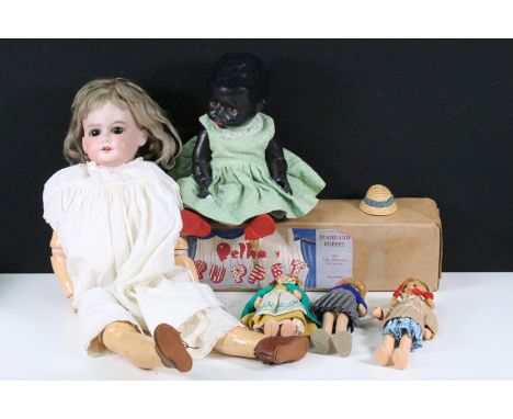 Armand Marseille marked 1894 AM DEP German bisque head doll (2 ft tall) plus 3 x Old Cottage Dolls, 1 x Pedigree black doll &