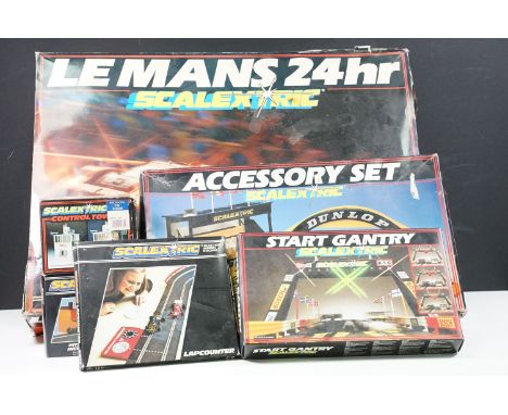 Six boxed Scalextric accessories &amp; sets to include boxed Le Man 24 hr Magnatraction set appearing vg with both slot cars 