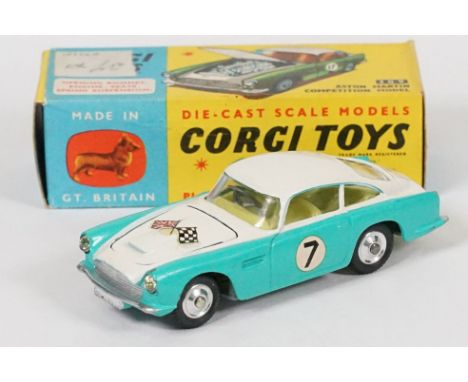 Boxed Corgi 309 Aston Martin Competition Model diecast model in two tone turquoise and white, lemon interior, decalsex, dieca