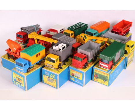 16 Boxed Matchbox 75 Series diecast models to include 60 Truck with site office, 50 Kennel Truck, 63 Dodge Crane Truck, 26 GM