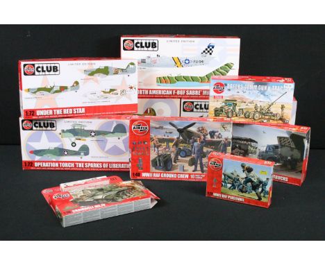 Ten boxed Airfix plastic model kits to include 1/72 A82011 North American F-86F Sabre MiG 15, 1/72 A82010 Harrier GR7 Harrier