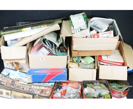 Large quantity of HO / OO gauge model railway to include plastic trackside buildings, Fleischman track accessories, scenery, 
