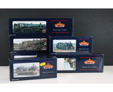 Six boxed Bachmann OO gauge locomotives to include 31-451D Ivatt Tank 41243 BR lined black e/crest, 32-352 Standard Class 4MT