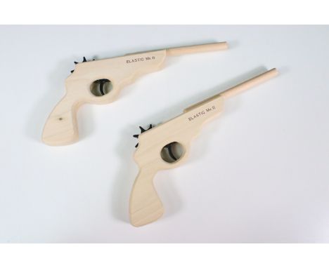 Boxed Asprey Elastic Band Mk II Toy Guns, complete with 2 x wooden guns and 2 x bags of elastic bands