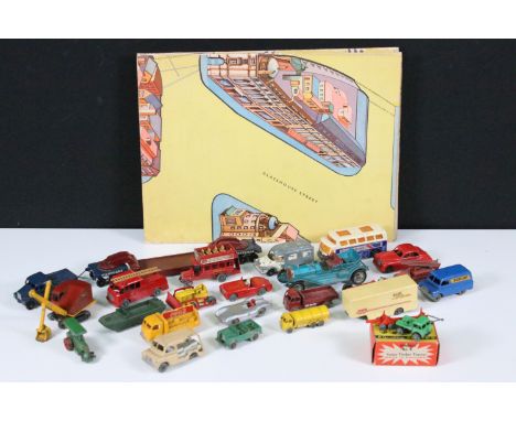 22 Mid 20th C mainly Matchbox playworn diecast models to include Ruston-Buycrus Excavator, Pickfords Crane 200 Ton Transporte