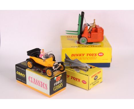 Three boxed diecast models to include Dink 401 Coventry Climax Fork Lift Truck) ex with gd-vg box), Dinky 737 P1B Lightning F