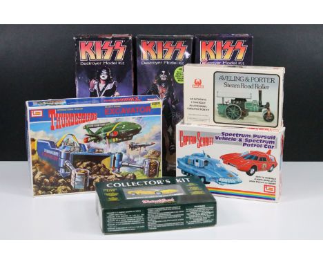 Seven boxed plastic / diecast model kits to include 3 x Polar Lights Kiss (Peter Criss - sealed, Ace Frenley &amp; Paul Stanl