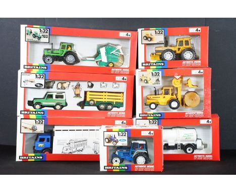 Seven boxed Britains farming related diecast models to include 9580 For Animal Transporter, 9640 Deutz DX92 Tractor And Round