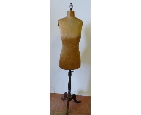 Vintage wooden tailor's dummy with mannequin torso, on turned column and scroll tripod supports, 170cm high.
