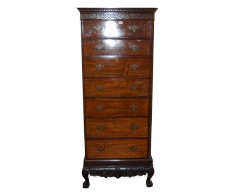 Chinese Chippendale influence mahogany tallboy chest of drawers, 20th century, the moulded geometric frieze above seven gradu