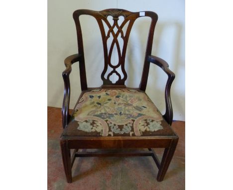 George III mahogany carver chair with pierced back and tapestry slip-in seat, on chamfered supports, 92cm high. 