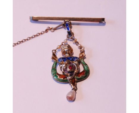 Silver pendant of Renaissance style with polychrome enamel on 9ct white gold pin. 