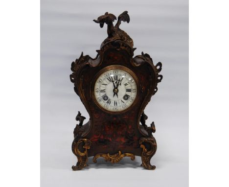 19th century French Boulle work mantel clock with gilt metal dragon surmount above an enamel dial with Roman and Arabic numer