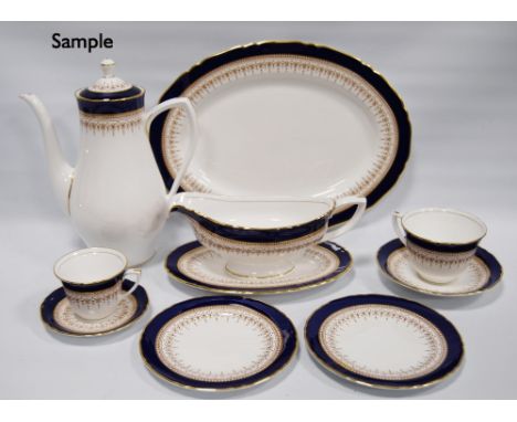 Royal Worcester 'Regency' pattern cobalt blue tea, coffee and dinner set comprising two tureens, oval ashet, sauce boat on st