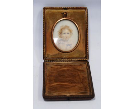 19th century oval portrait miniature watercolour depicting a young girl, mounted in rolled gold, 4.7cm diameter, contained in