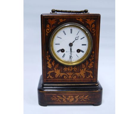 Victorian inlaid rosewood mantel clock, the white enamel dial inscribed Henry Marc à Paris, the case inlaid with satinwood sc