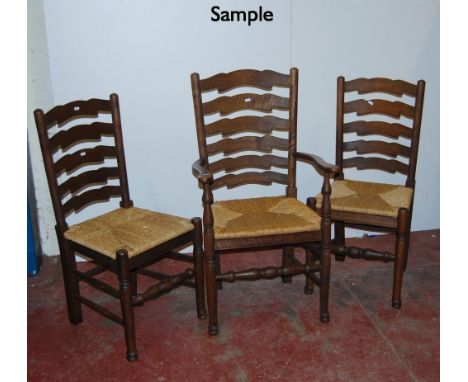 Set of eight Lancashire-style country oak dining chairs, 20th century, comprising six chairs and a pair of carver chairs, all