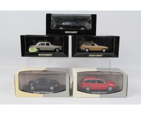 Ixo - Minichamps - 5 x boxed cars in 1:43 scale, Bentley Flying Spur # 139460, Volvo P1800 ES # 171612, Mercedes 300 SEL 6.3 