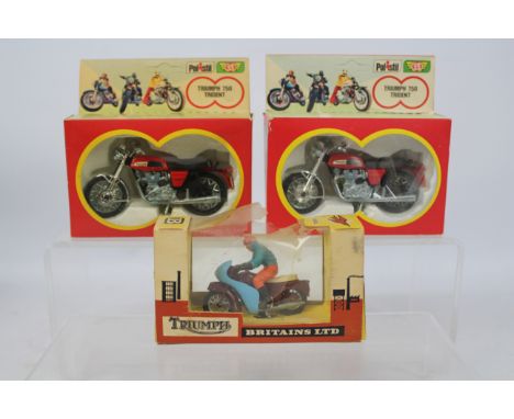 Britains - Motorcycles - 3 x boxed Triumph Motorcycles, 2 x Trident 750 models # GT.58 and Triumph Motorcycle # 9686. The mod