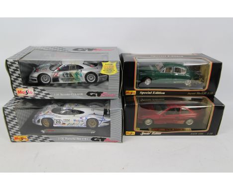 Maisto - 4 x 1:18 scale cars. Special Edition BMW 850i #31805, Porsche 911 GT1 #38864, Exclusive Mercedes CLK-GTR #38848, Spe