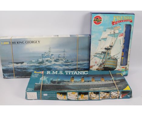 Airfix - Revell - Heller - 3 x boxed model kits, HMS King George V in 1:400 scale # 81088, RMS Titanic in 1:400 scale # 05206