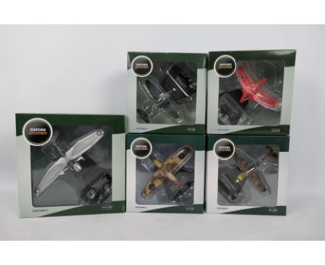 Five 1:72 scale Oxford Aviation Front Line Fighters series models comprising # AC072, # AC054, # AC041, # AC010 and # AC018, 