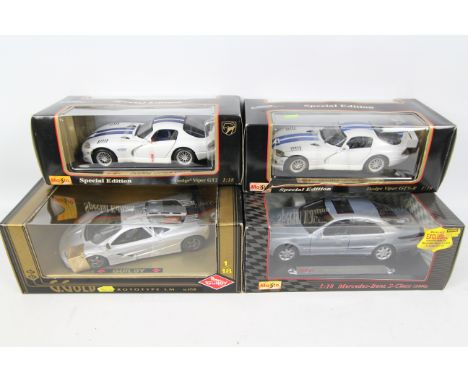 Maisto - 4 x 1:18 scale cars. G.Gold Prototype LM #67530, Mercedes-Benz S-Class 1998 #31855, Dodge Viper GTS-R #50316, Dodge 