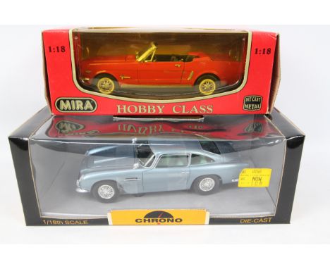 MIRA - CHRONO. 2 x 1:18 scale models appearing in Excellent condition with Excellent boxes. MIRA Ford Mustang 1964 1/2 #6205,