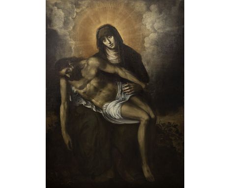 Valencian School 17th century."Pietà".Oil on canvas.Re-framed. New stretcher.Measurements: 204,5 x 150,5 cm.Compositionally f