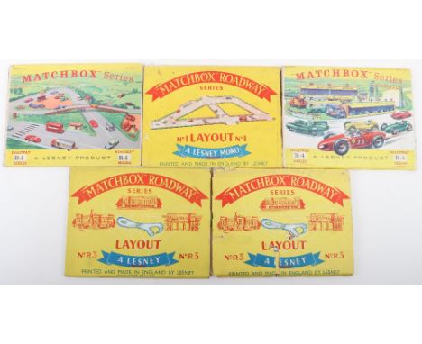 Five Matchbox Lesney Roadway Series, folded card layouts inside paper sleeve,No1 Roadway, R-1 Roadway 2nd issue, 2 x No R 3 L