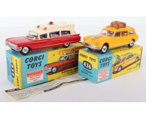 Two Vintage Boxed Corgi Toys, 436 Citroen Safari, yellow with driver, passenger, brown roof luggage, spun wheel hubs, in blue